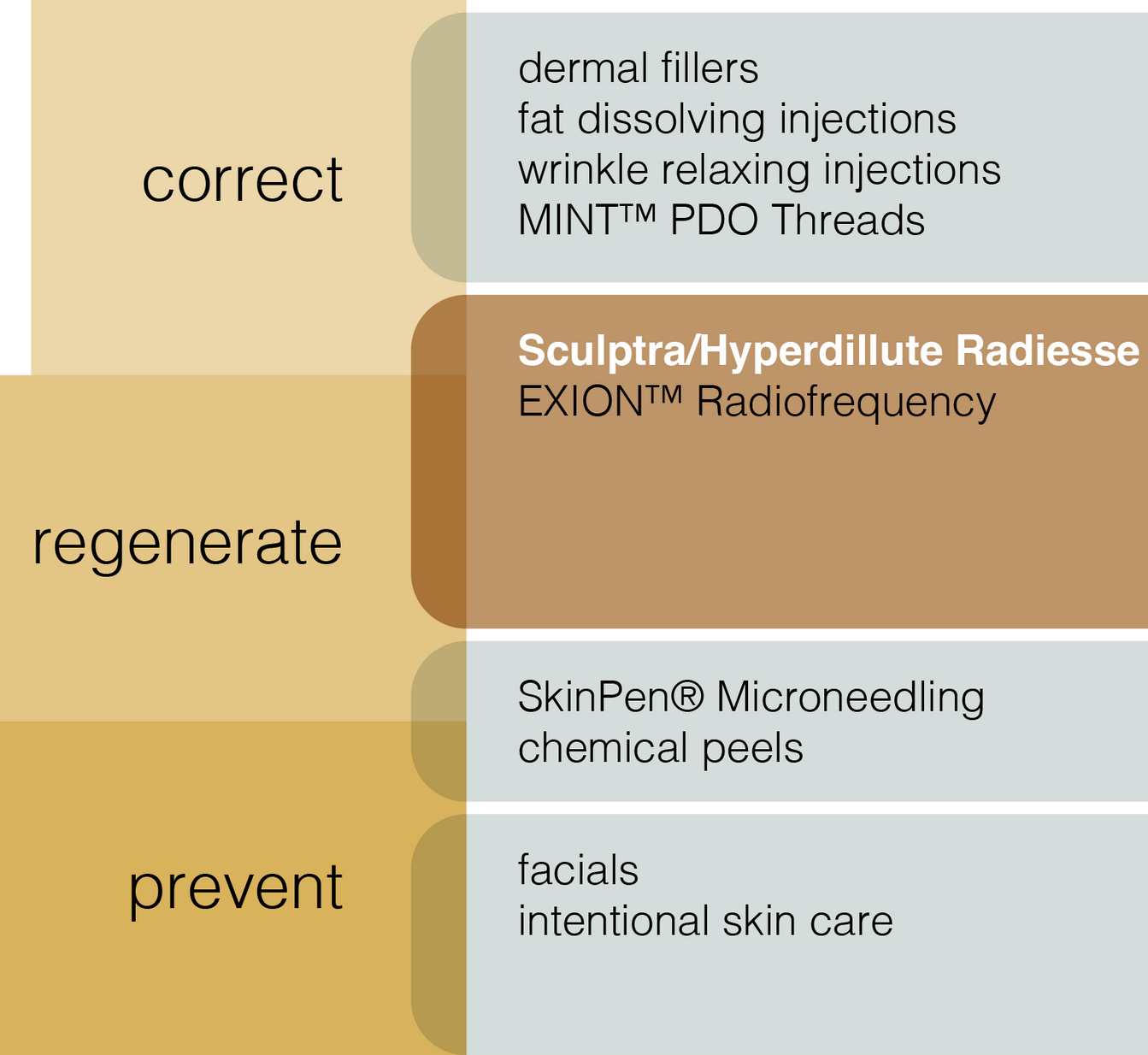 A diagram showing how to correct regenerate and prevent skin problems