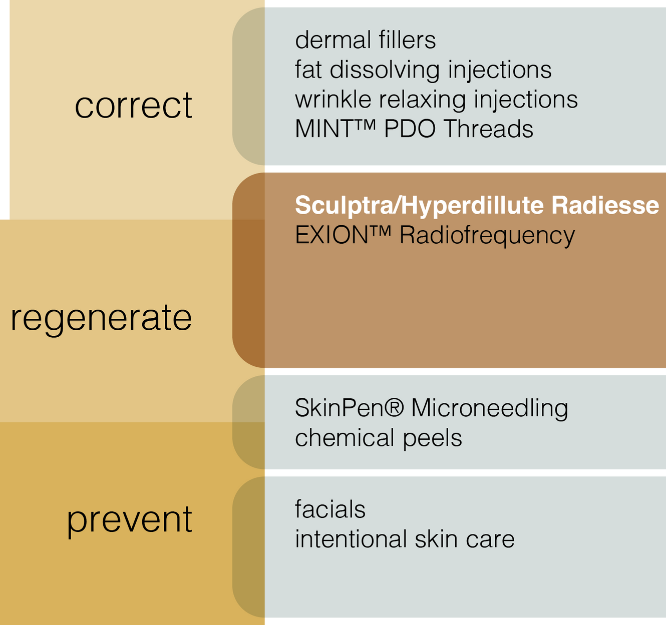 A diagram showing how to correct regenerate and prevent skin problems