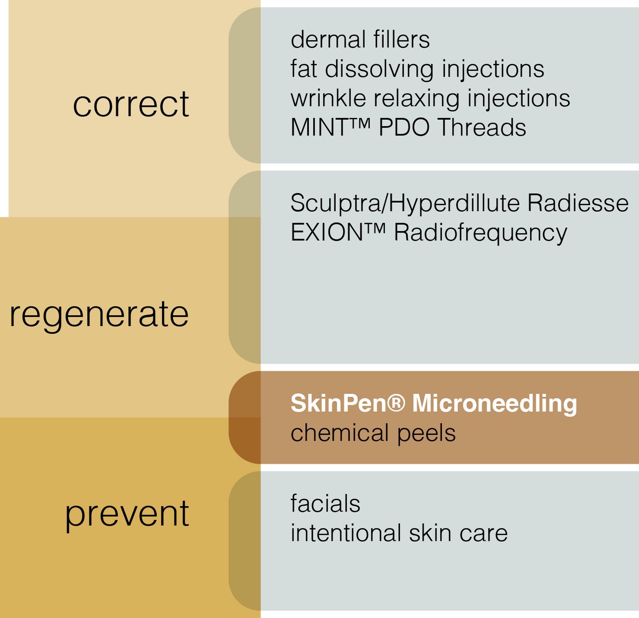 A diagram showing how to correct regenerate and prevent skin problems
