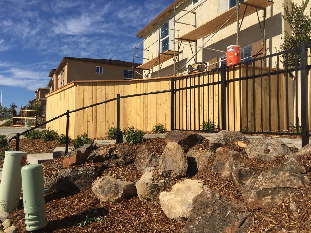 Backyard slope with rocks, shrubs, and a black metal fence beside a tan house under a blue sky