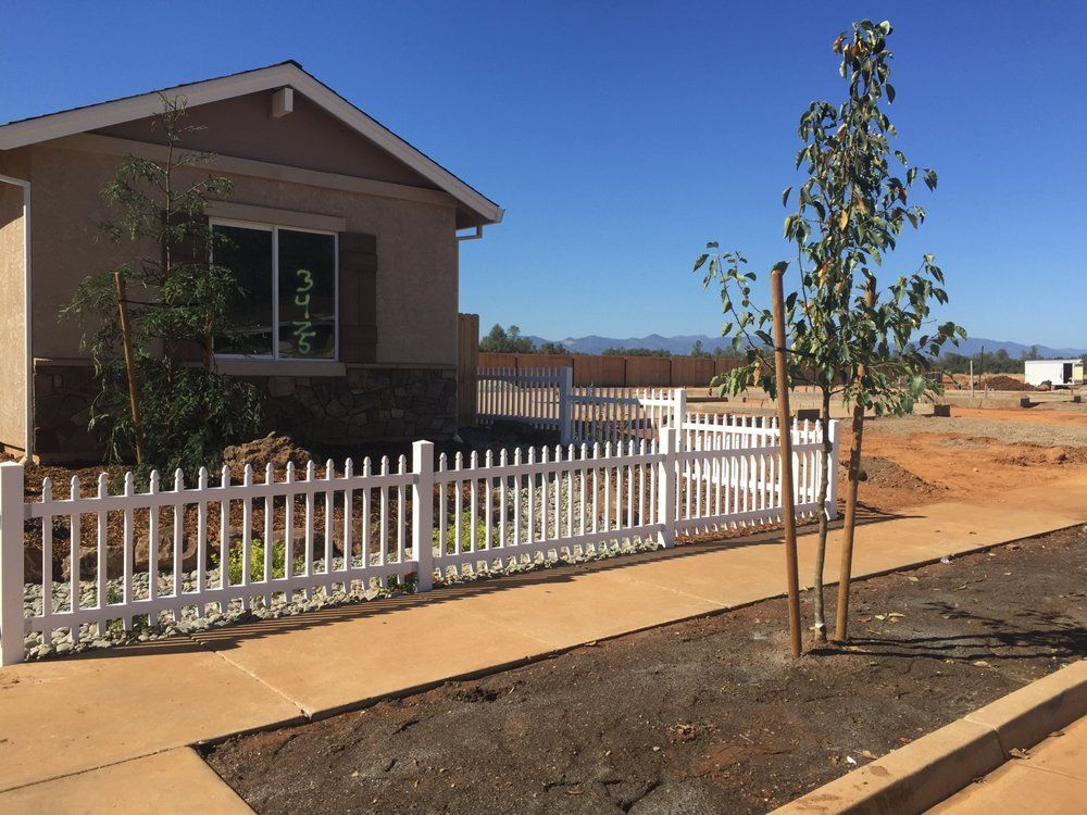 New house with a white picket fence and young trees on a dirt lot under a clear blue sky