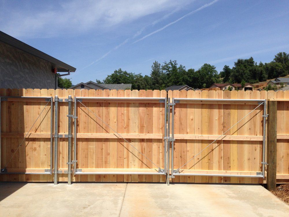 Wooden backyard fence with two gates under a clear blue sky