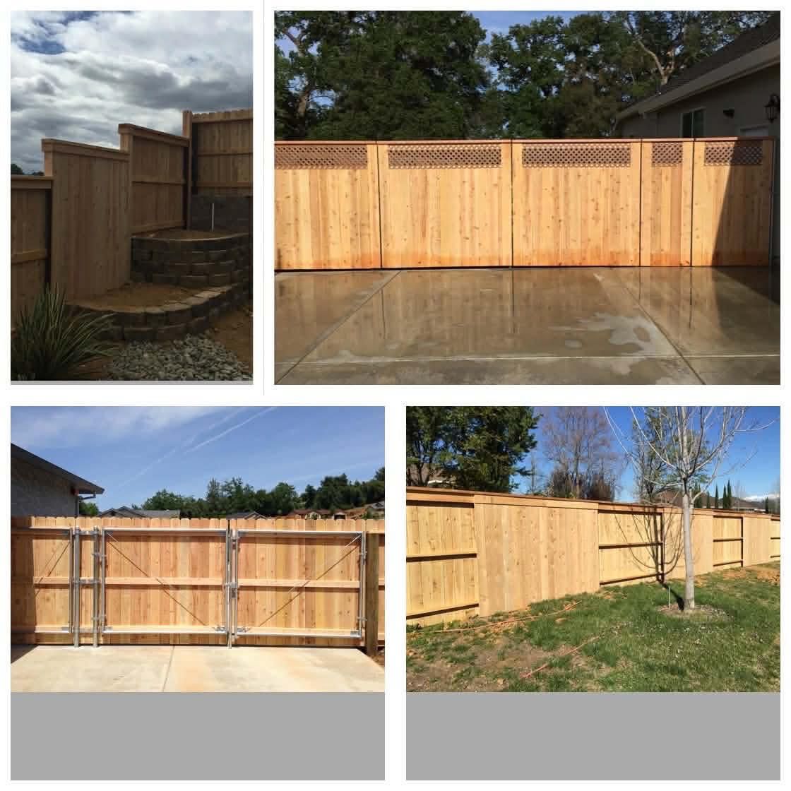 Wooden privacy fence and gate in a backyard, shown from multiple angles.