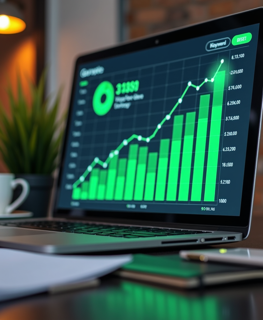 Close-up of a laptop showing keyword rankings and traffic reports from a Google SEO campaign, highlighting search volume, growth trends, and buyer intent.
