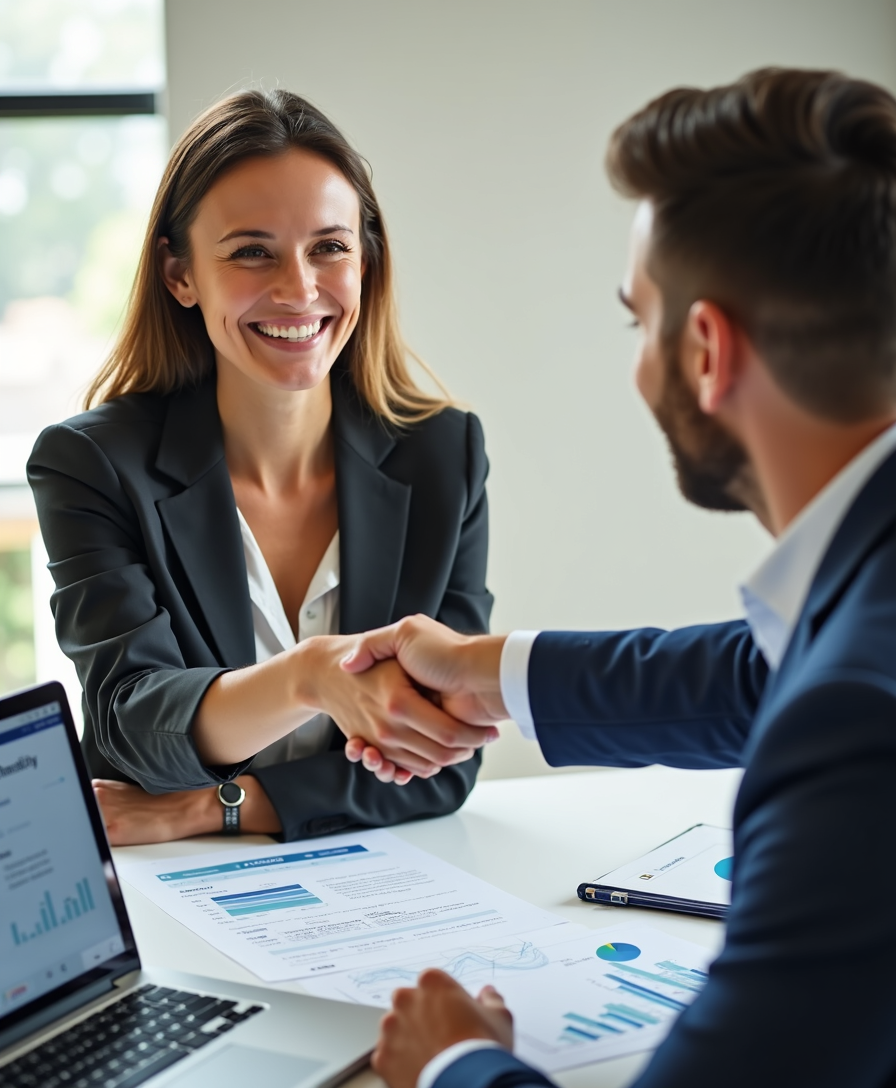 Small business owner reviewing a digital marketing proposal with an expert, showing charts and strategy plans for SEO, ads, and lead generation on a laptop screen.
