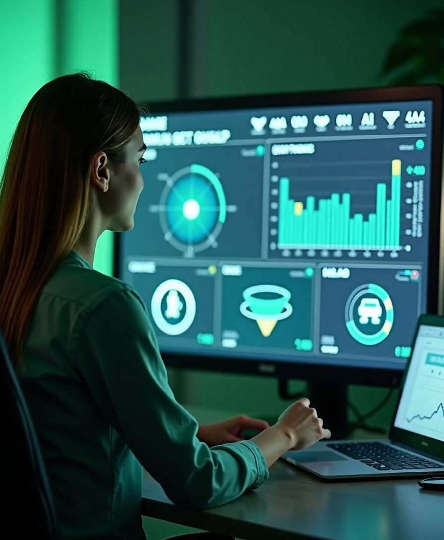 Marketing expert using AI-powered tools to optimize SEO, ads, and website funnels, with icons for automation, compliance, and digital strategy visible on screen.