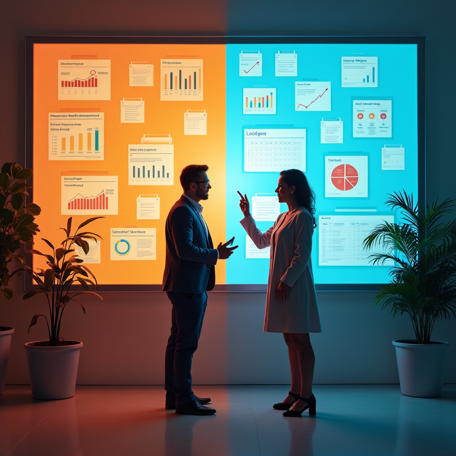 Side-by-side view of a business owner getting clear strategy advice from a marketing expert, with AI tools, coaching visuals, and simplified business growth planning.