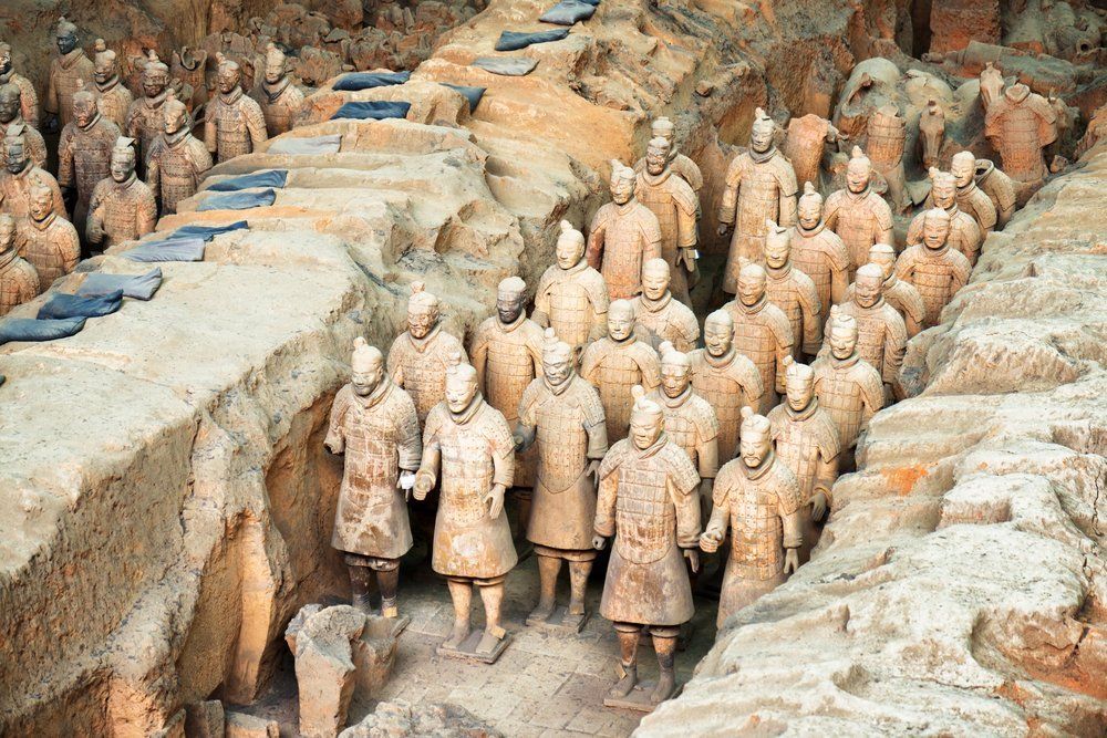 XI'AN, SHAANXI PROVINCE, CHINA View of terracotta soldiers of the famous Terracotta Army inside the Qin Shi Huang Mausoleum of the First Emperor of China.