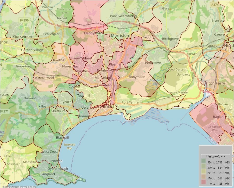 Image 2: Population of people in Swansea in high level professional roles by post sectors from low (red) to high (blue).