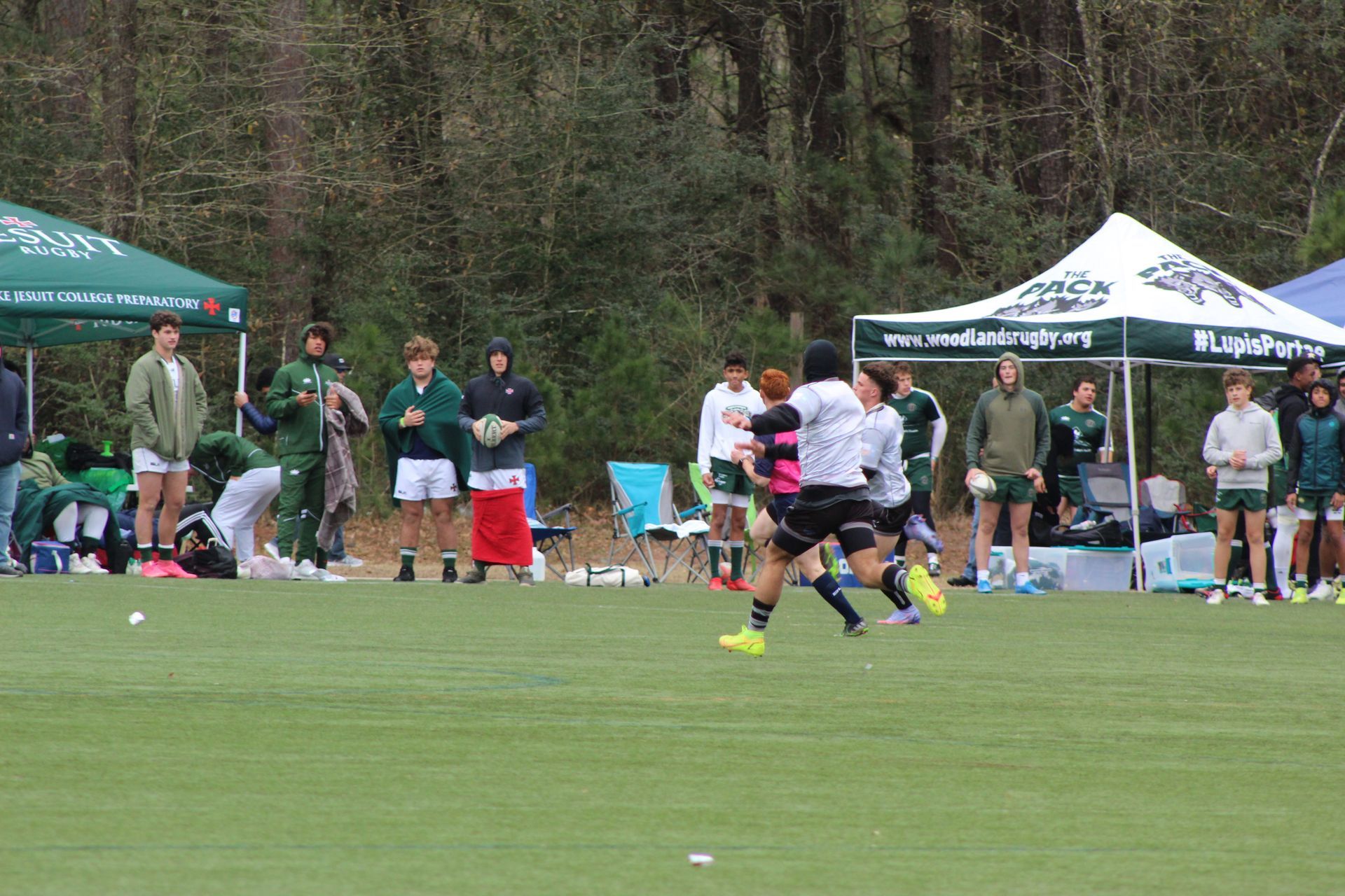 Rugby match on a green field. Players in jerseys running, spectators under tents.