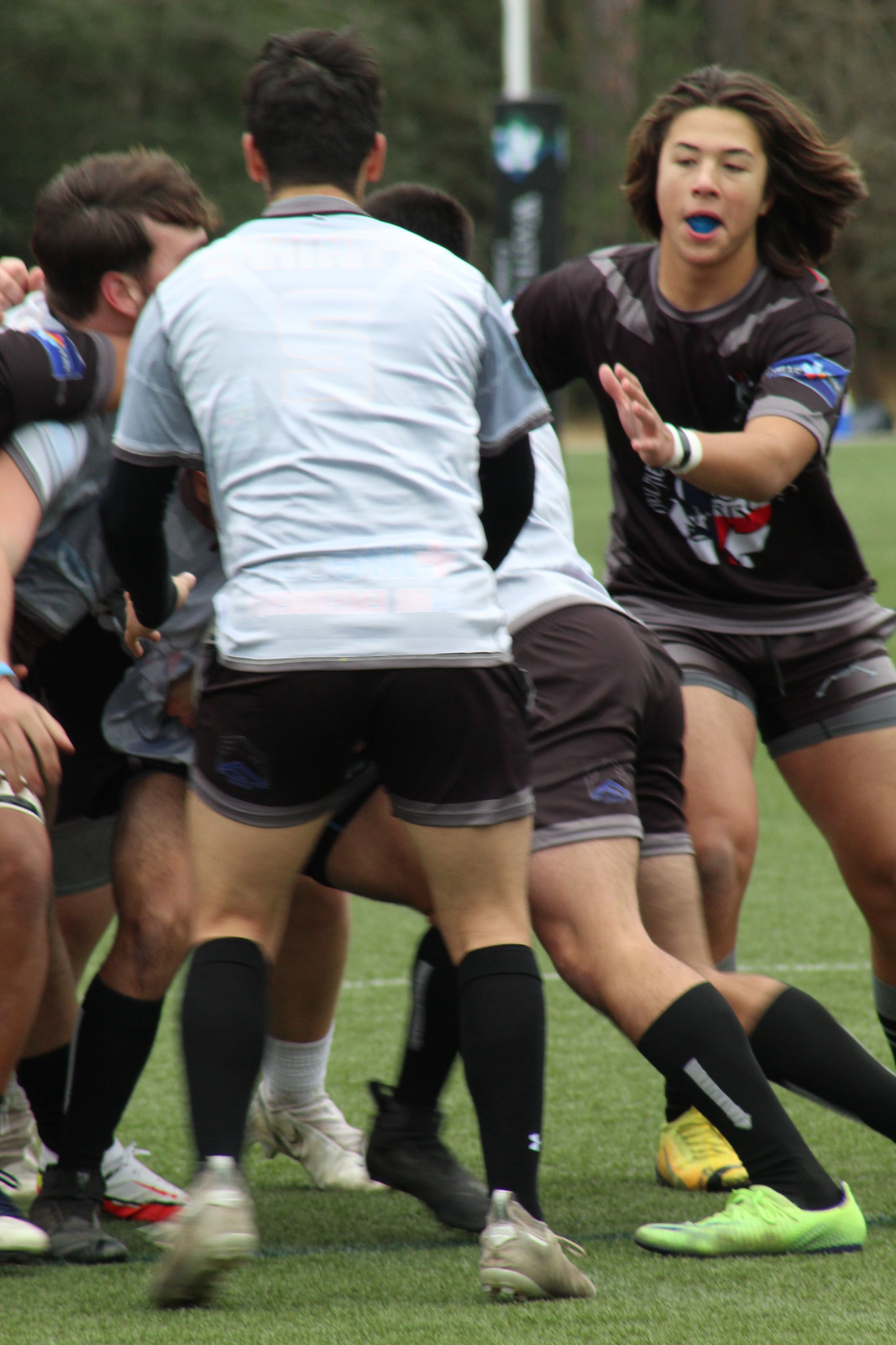 Rugby players in action, wearing black and light blue uniforms, on a green field. Players pushing and tackling.