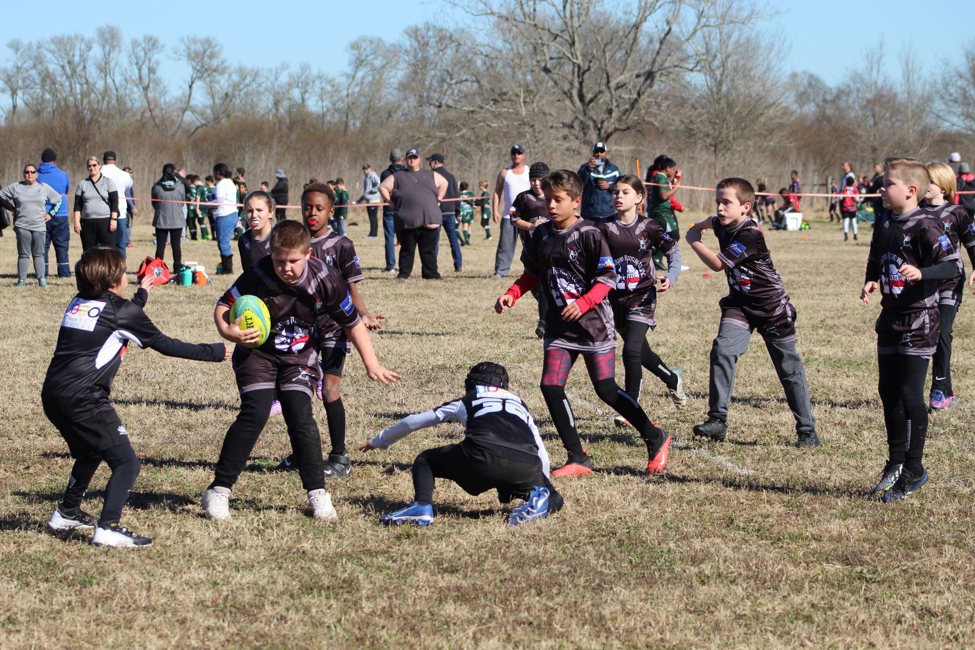 Children playing rugby on a grassy field; players in uniforms chase a ball, others watch.