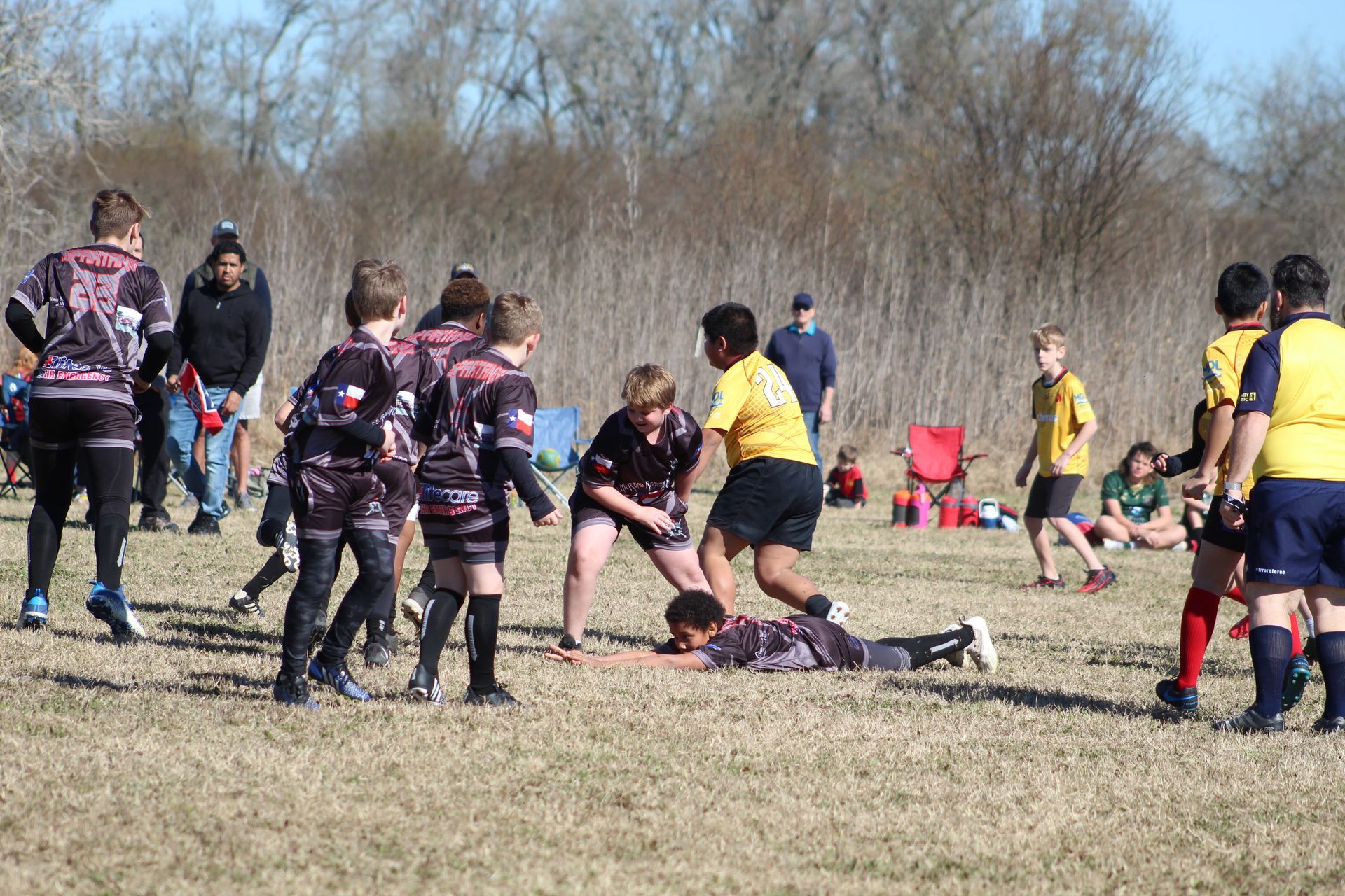 Rugby game outdoors. Players in black and yellow uniforms. One player tackled. Spectators watch.