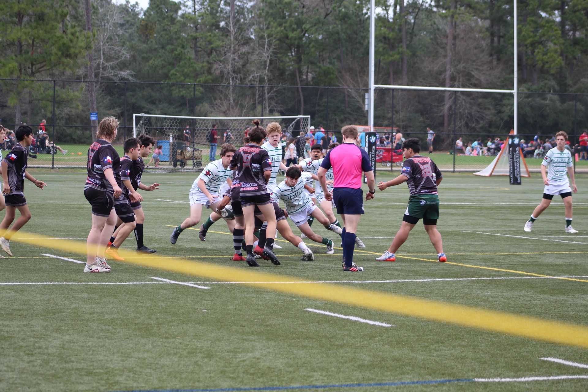 Rugby match on green field; players in action near scrum, referee watches.
