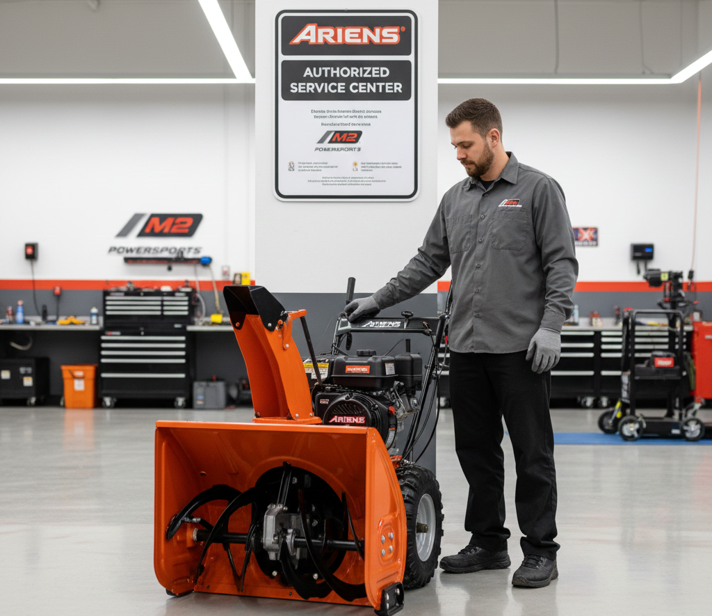 Man in gray uniform operating an Ariens snowblower in a service center.