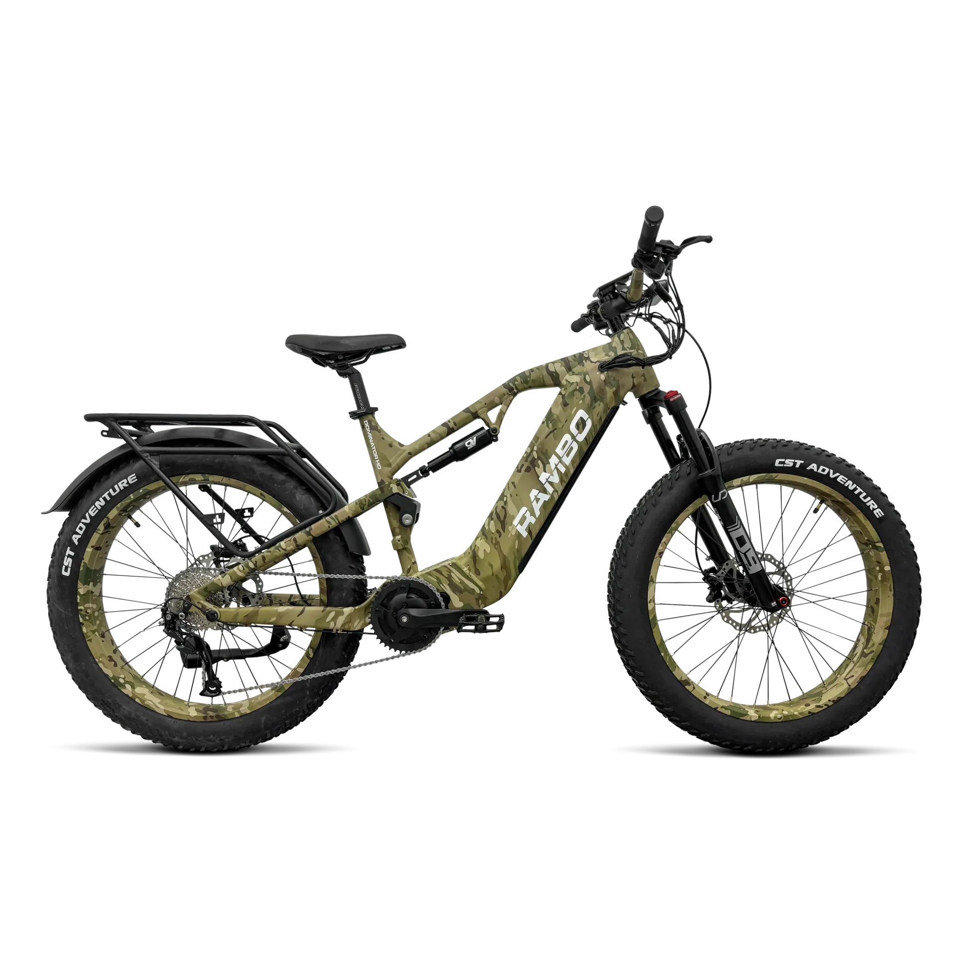 Camouflage electric mountain bike with fat tires.