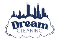 Our bold letter cloud-shaped Navy Dream cleaning logo has Chicago's skyline on top.