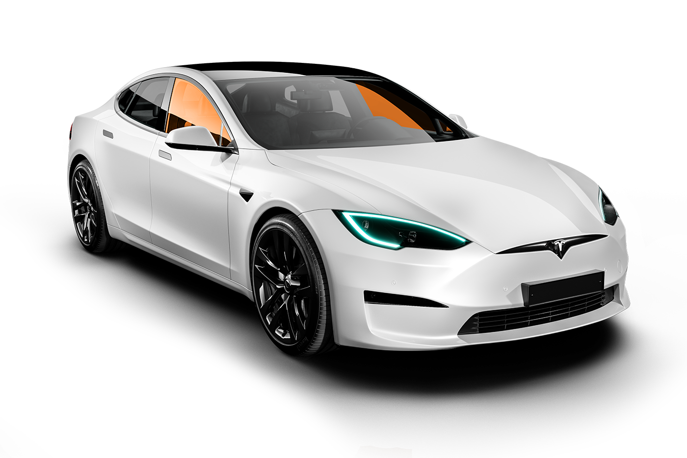 White Tesla electric car, parked on a white surface. Black rims, tinted windows, and black sunroof.