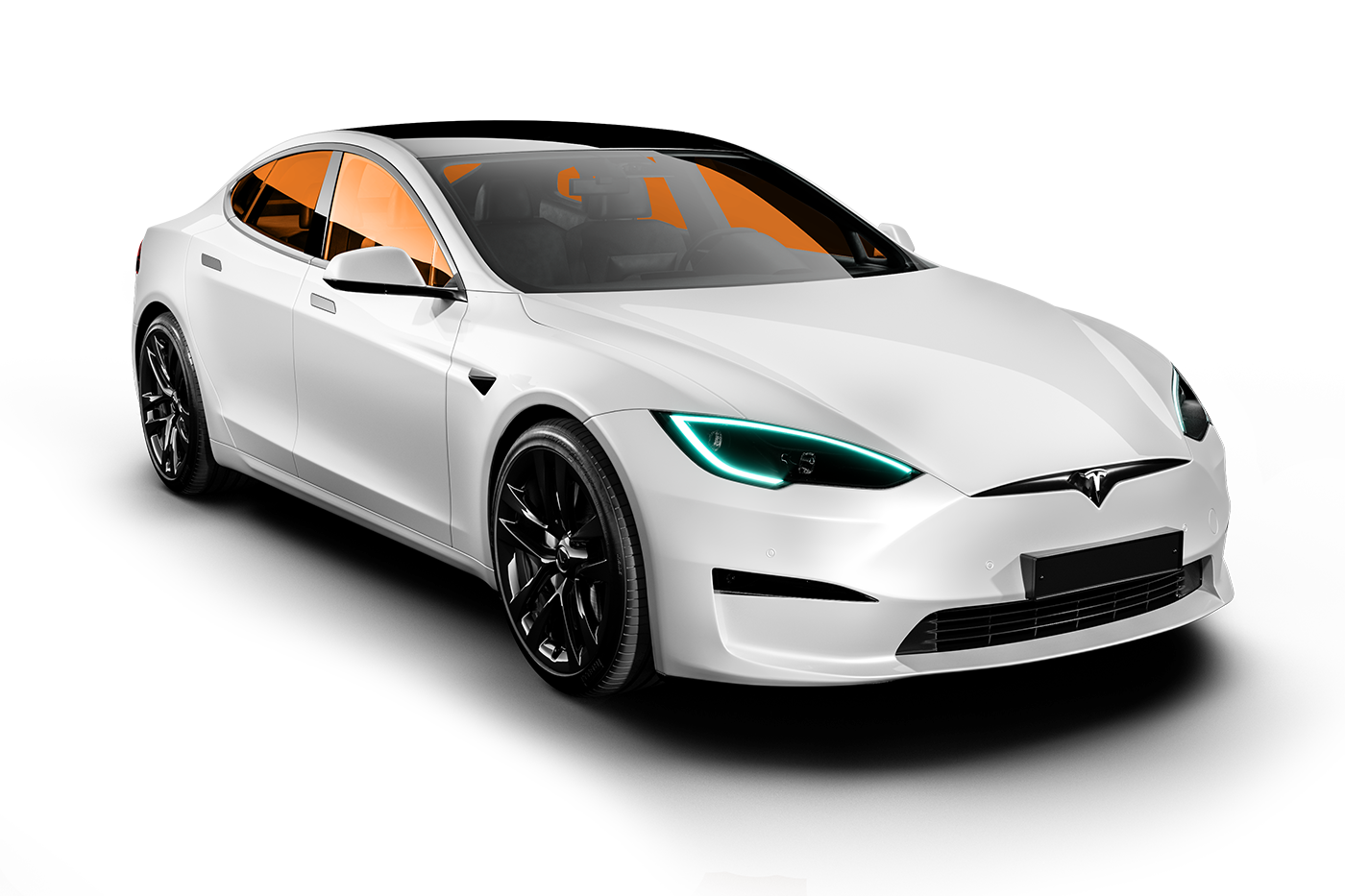 White Tesla sedan with tinted orange windows and black wheels on a white background.