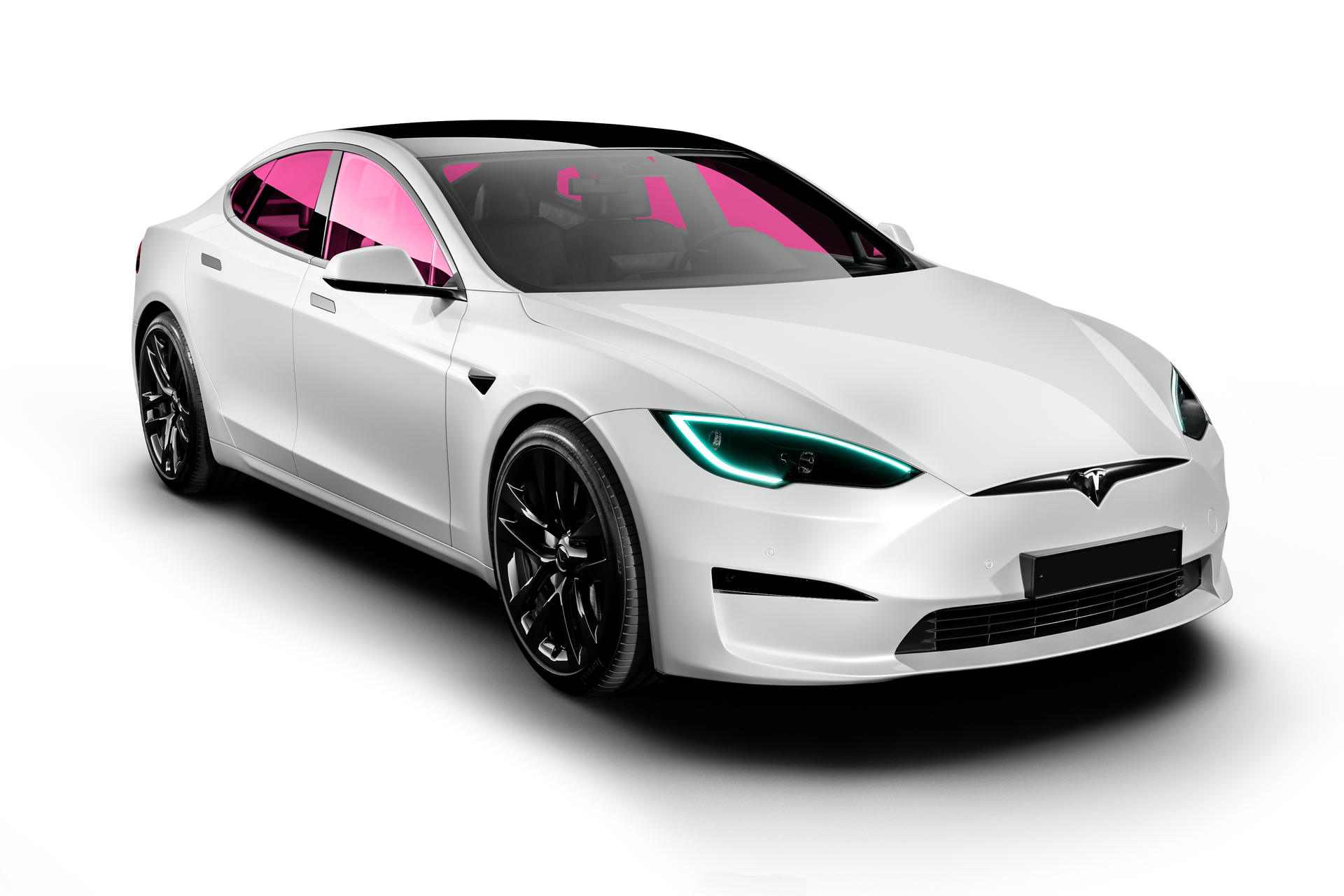White Tesla sedan with black wheels, pink tinted windows, and turquoise headlights, on a white background.