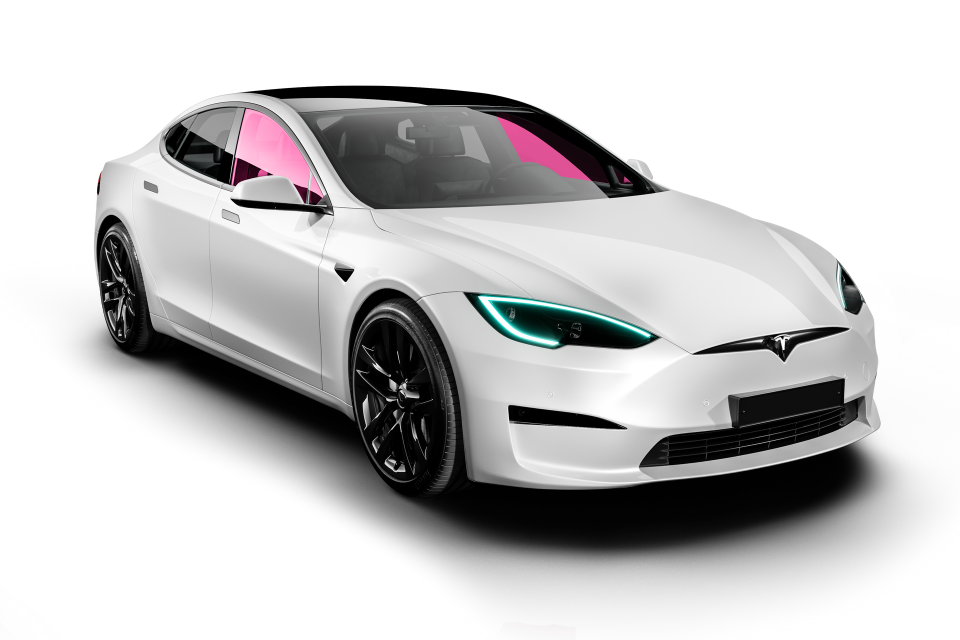 White Tesla sedan with black wheels and pink-tinted windows, angled on a white background. The headlights have blue accents.