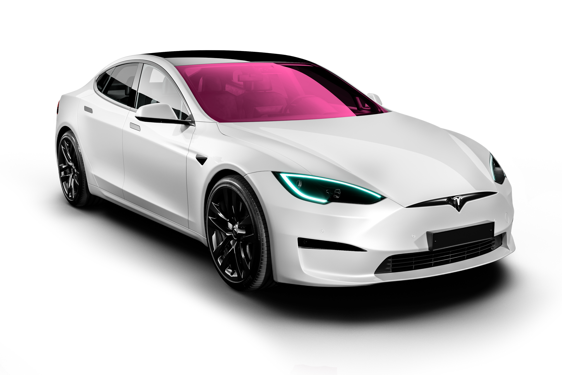 White Tesla car with black wheels, windows tinted pink, and turquoise headlights, on a white background.