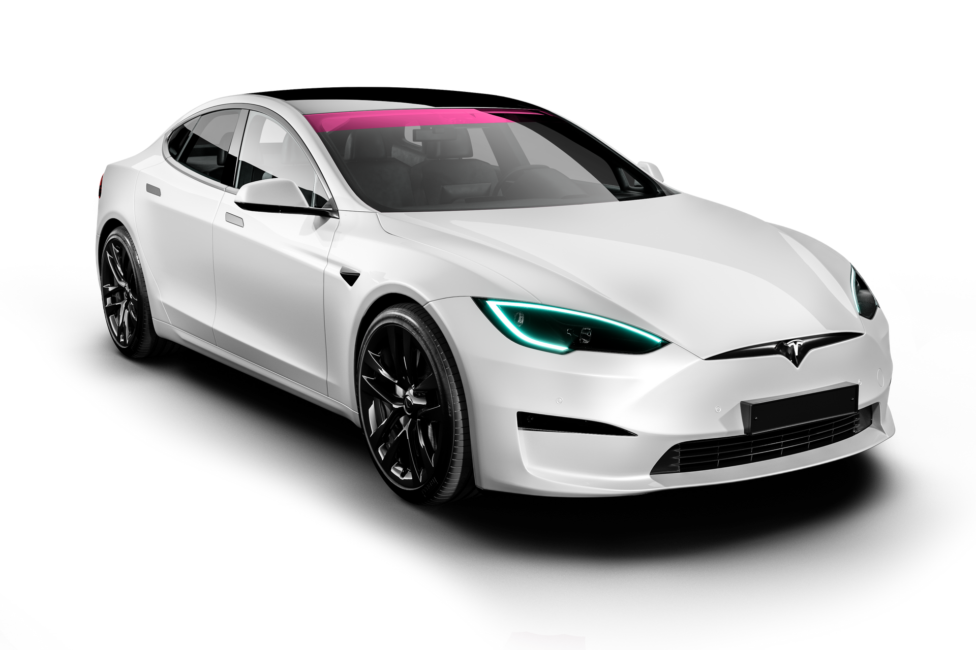 White Tesla Model S sedan with black wheels and stylized teal headlights.