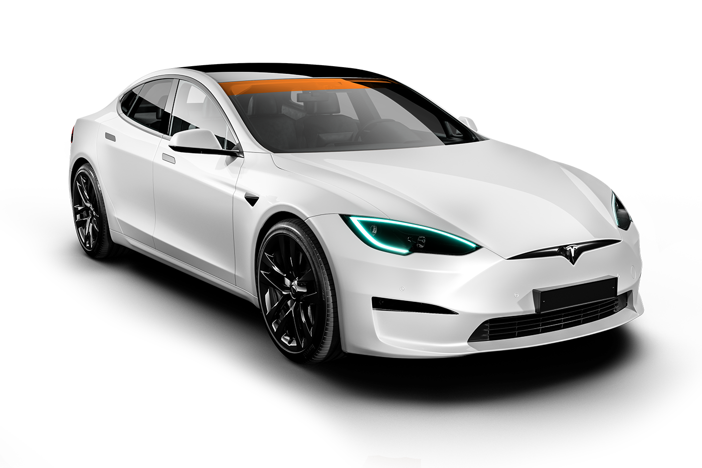 White Tesla sedan with black wheels, angled toward the viewer, on a white background.