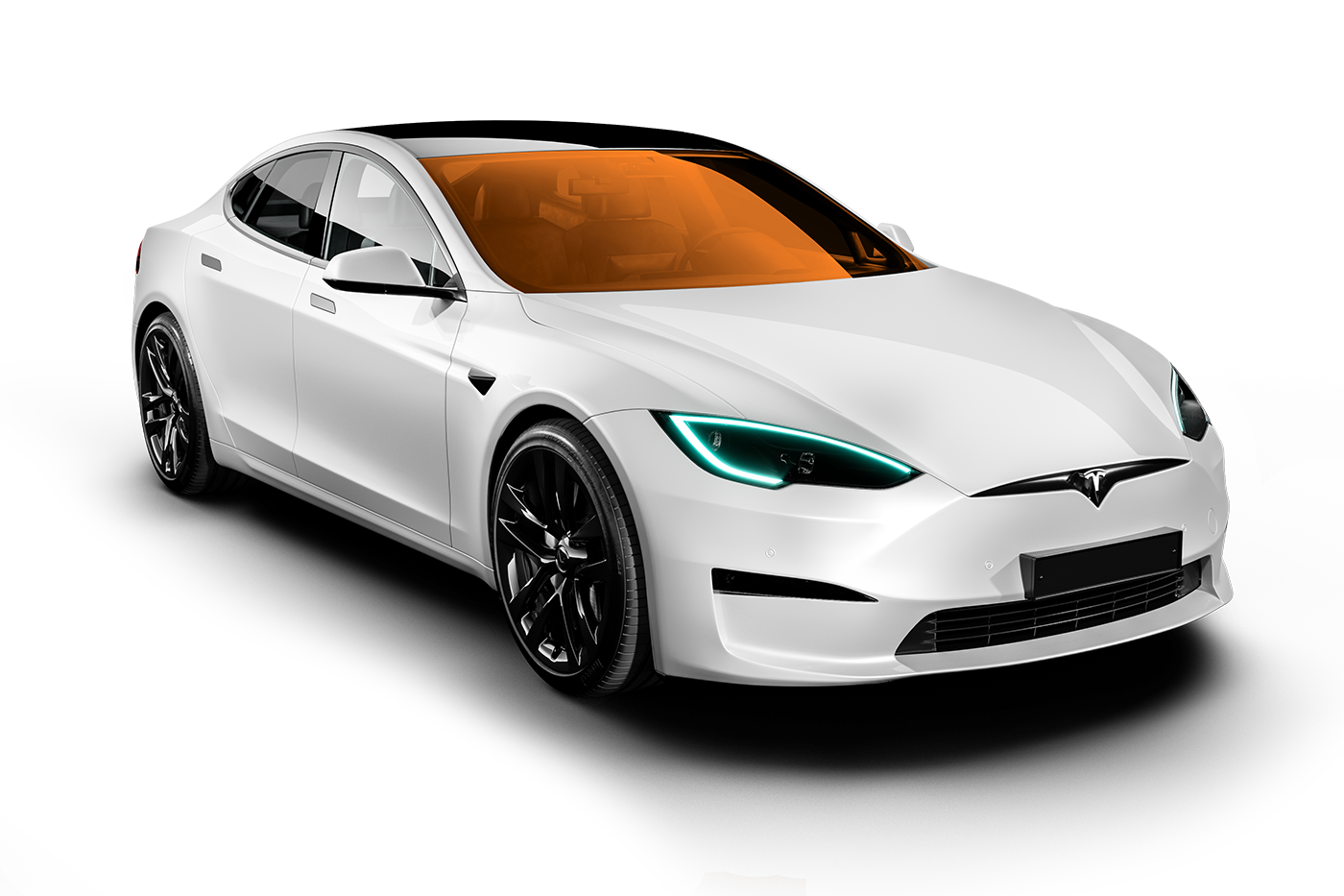 White Tesla sedan with black wheels, orange tinted windows, and teal-colored headlights.