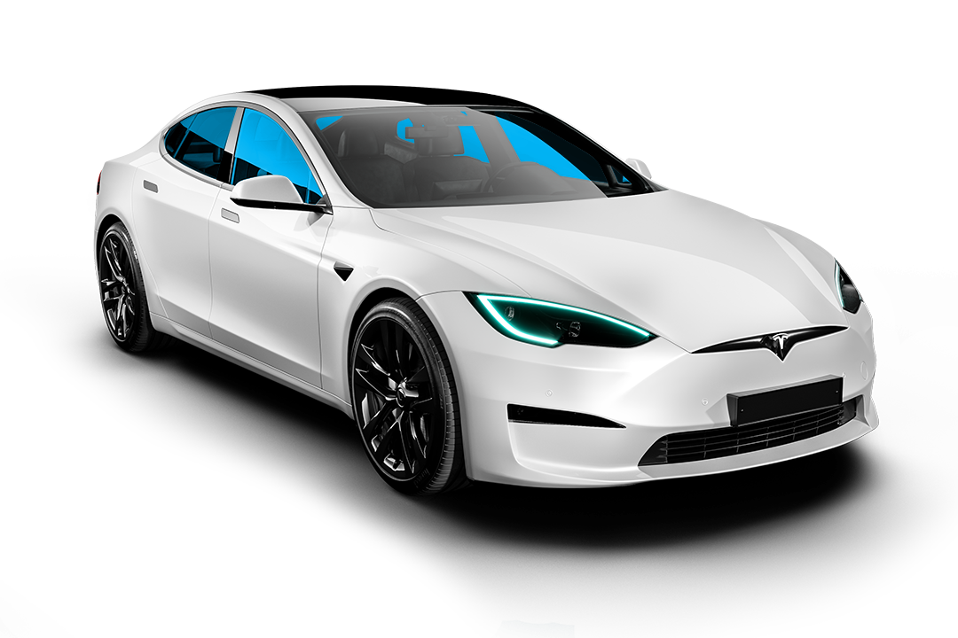 White Tesla electric car with black wheels against a white background. Windows are tinted blue.