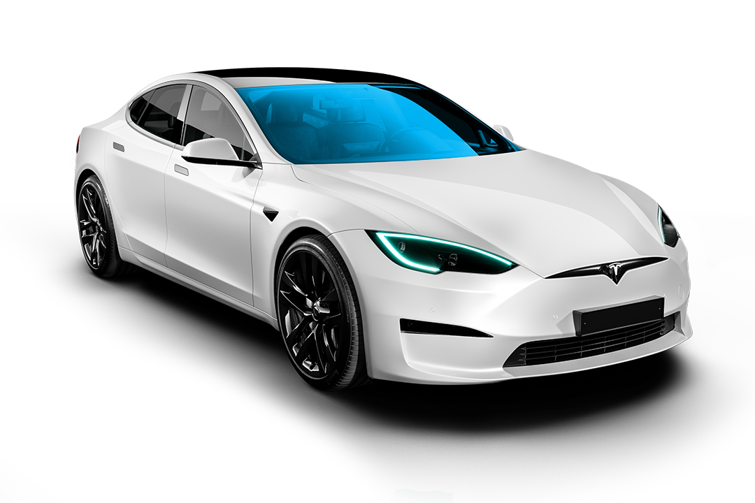 White Tesla sedan with black wheels against a white background. Blue tinted windows and headlights add detail.