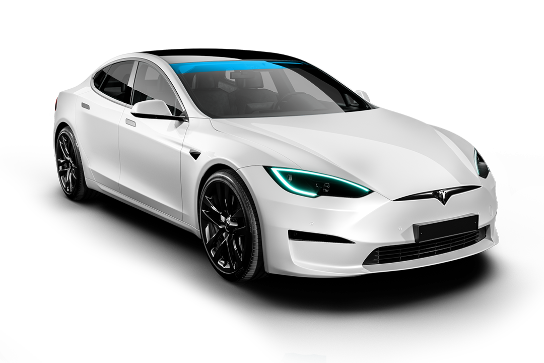 White Tesla sedan with black wheels, tinted headlights, and a panoramic roof, angled on a white background.