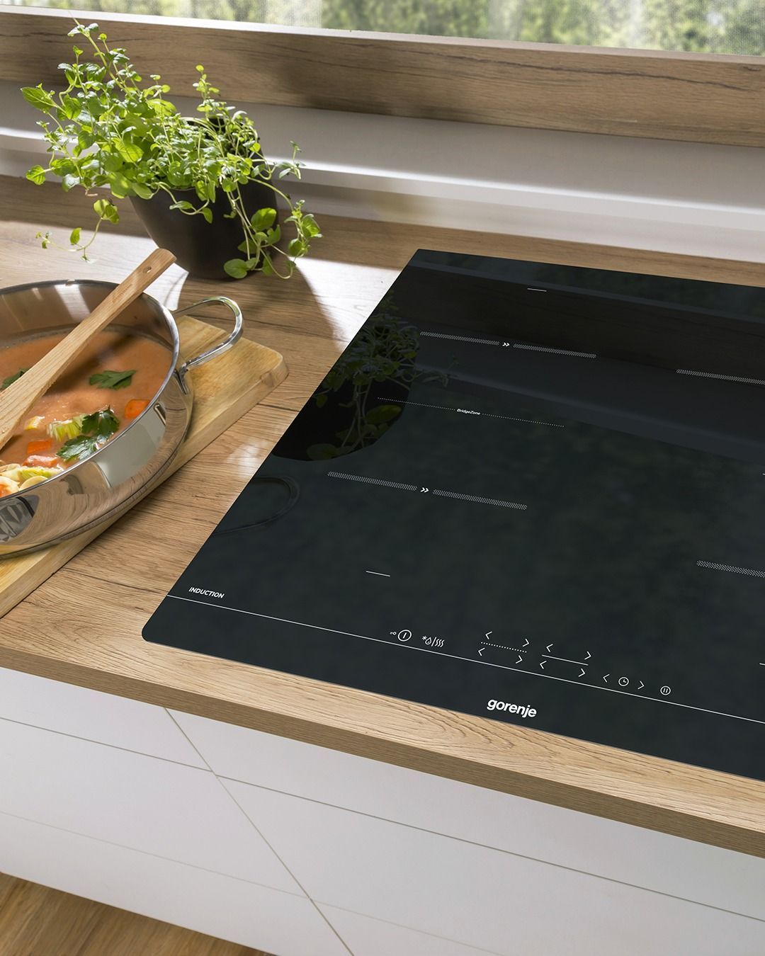 Uma panela de sopa está sobre um balcão ao lado de um fogão de indução.