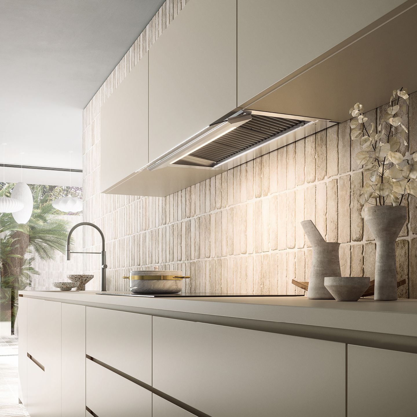 Uma cozinha com armários brancos e fogão com forno