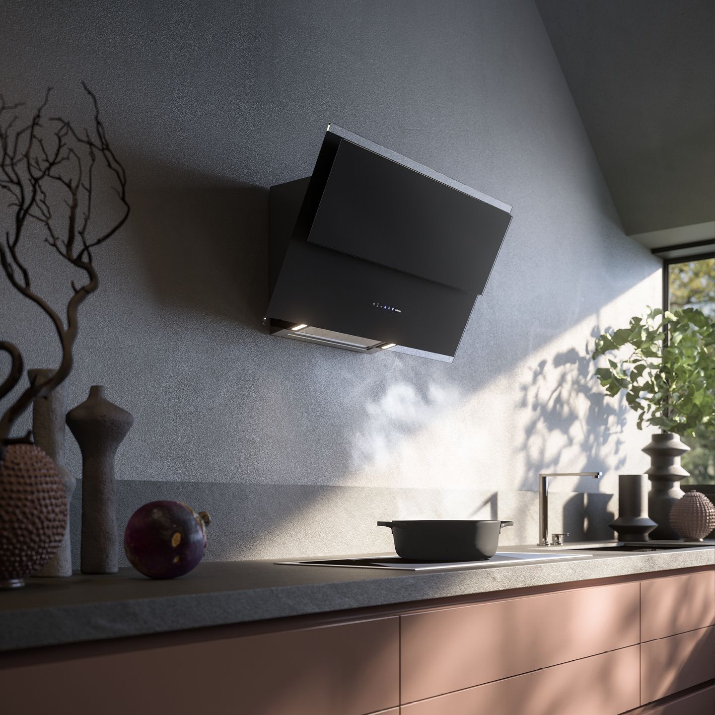 Uma cozinha com armários rosa e exaustor preto