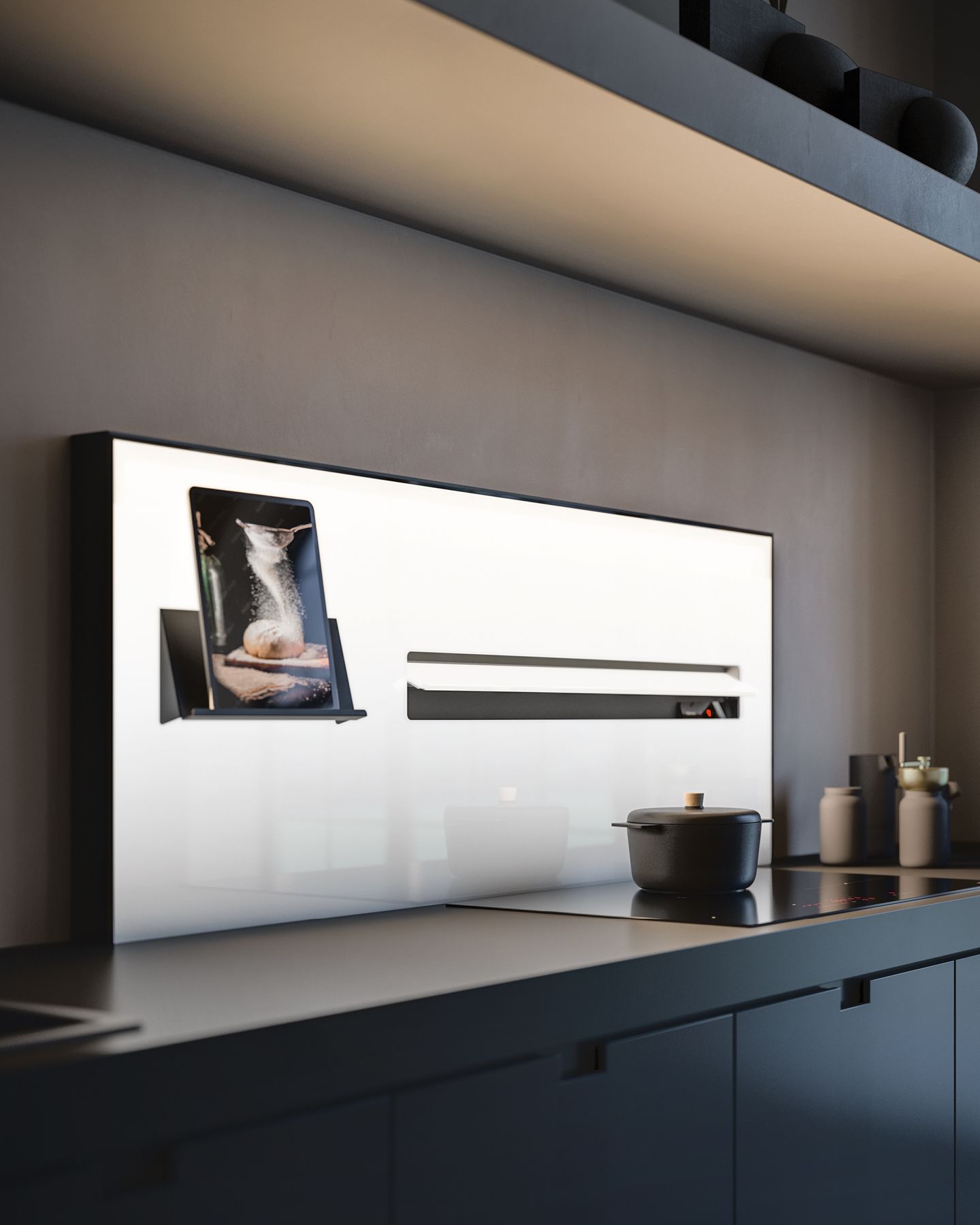 Um balcão de cozinha com a foto de um gato