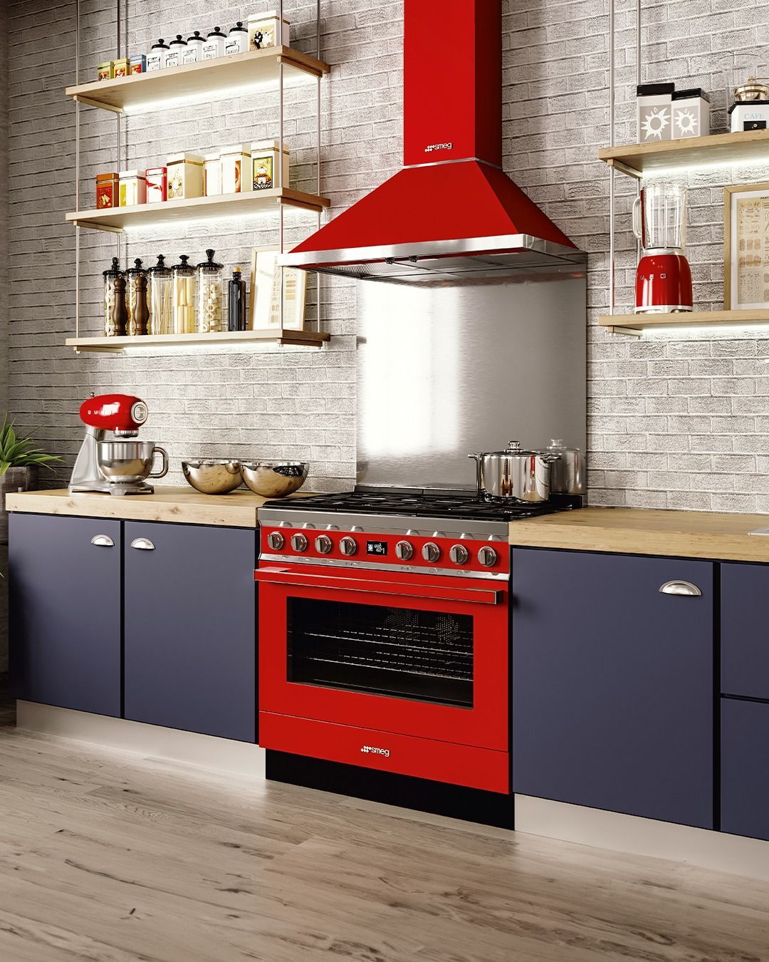 Uma cozinha com fogão vermelho e capuz vermelho