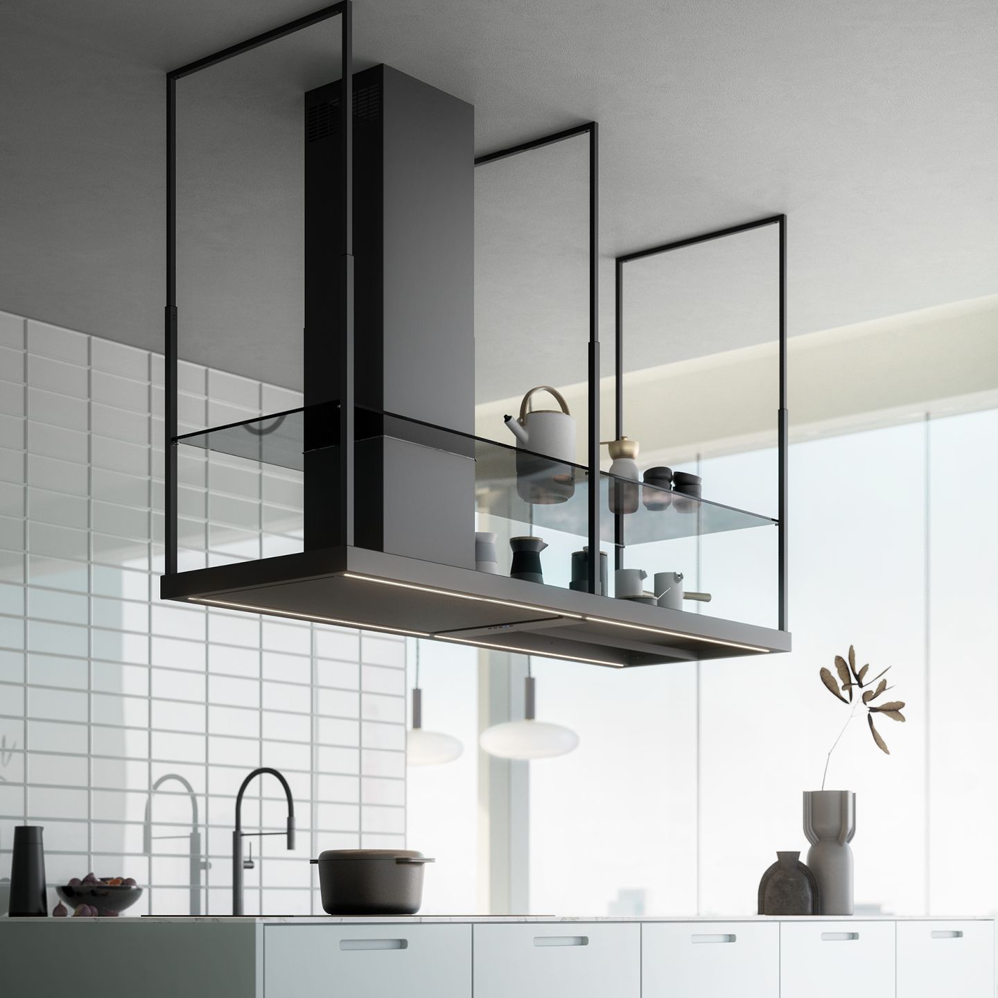 Uma cozinha com uma grande prateleira pendurada no teto