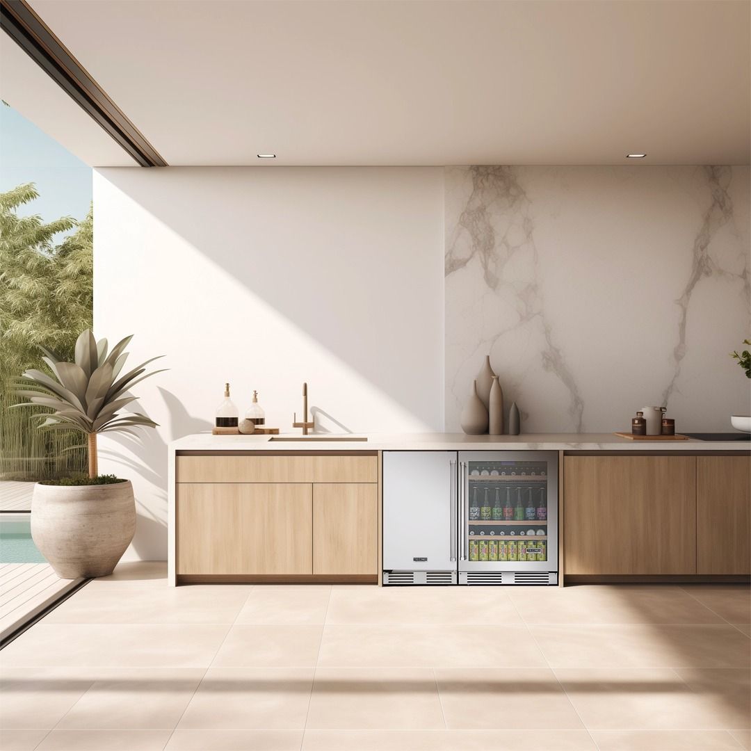 Uma cozinha com armários de madeira e geladeira