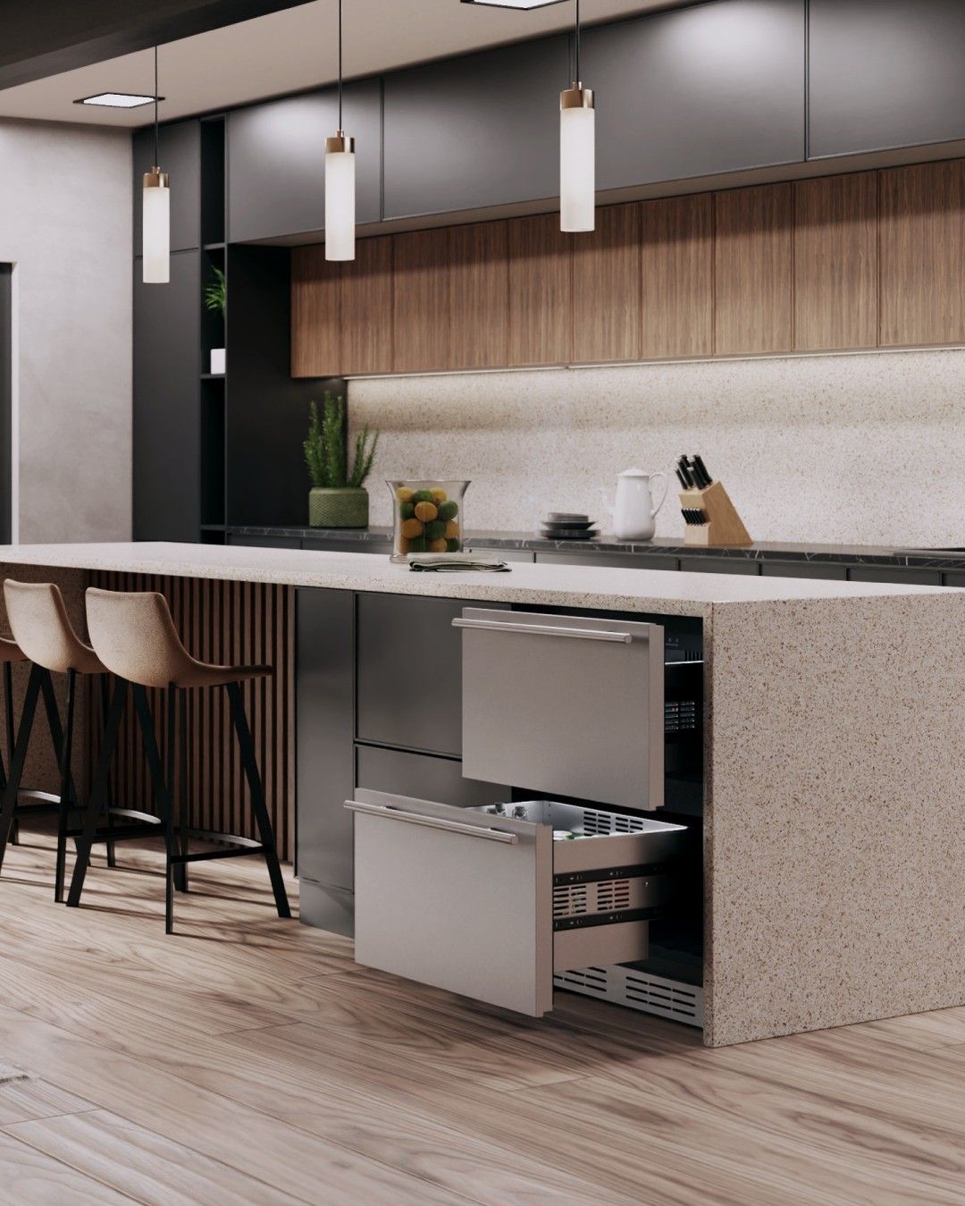 Uma cozinha com uma grande ilha e bancos