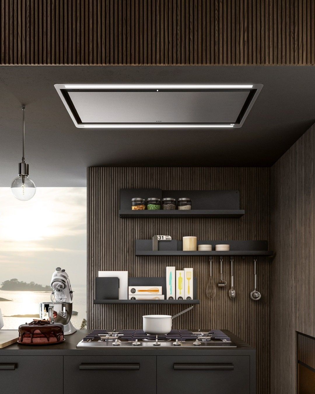 Uma cozinha com fogão, forno e ventilador de teto.