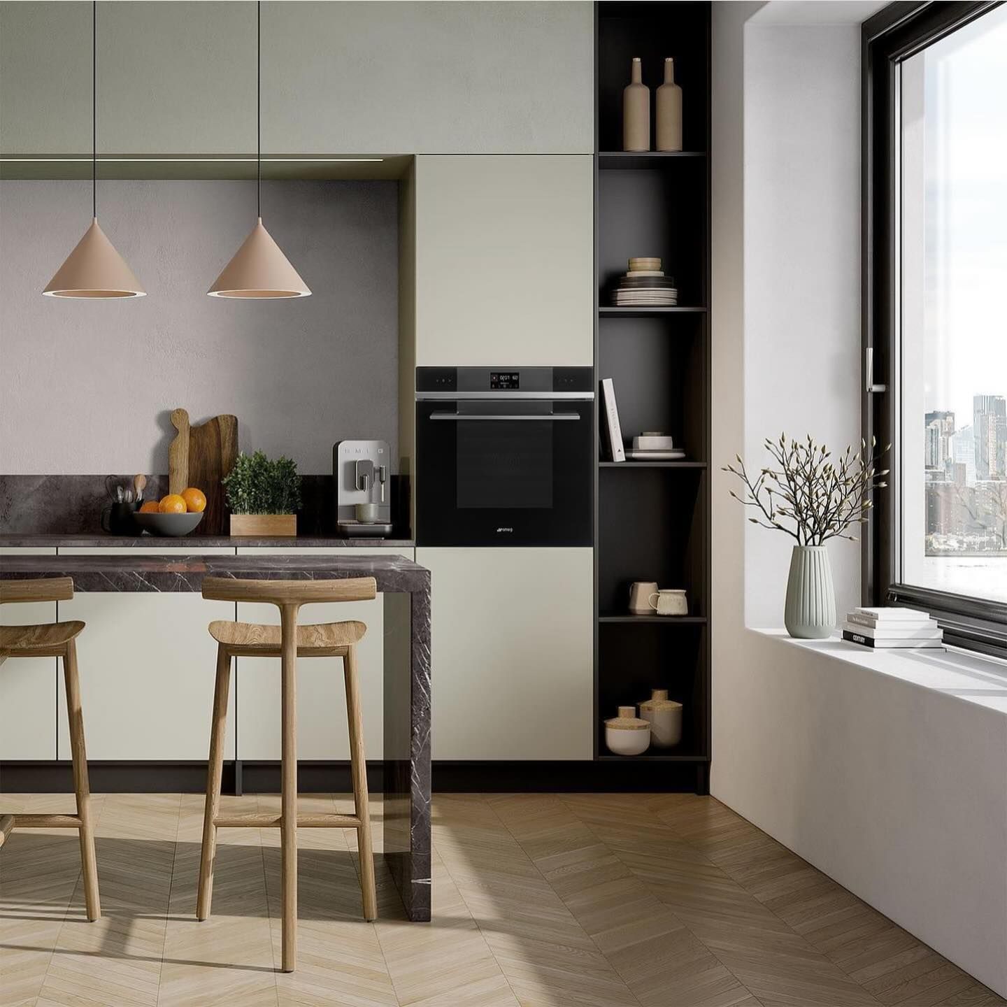 Uma cozinha com bancos e uma grande janela