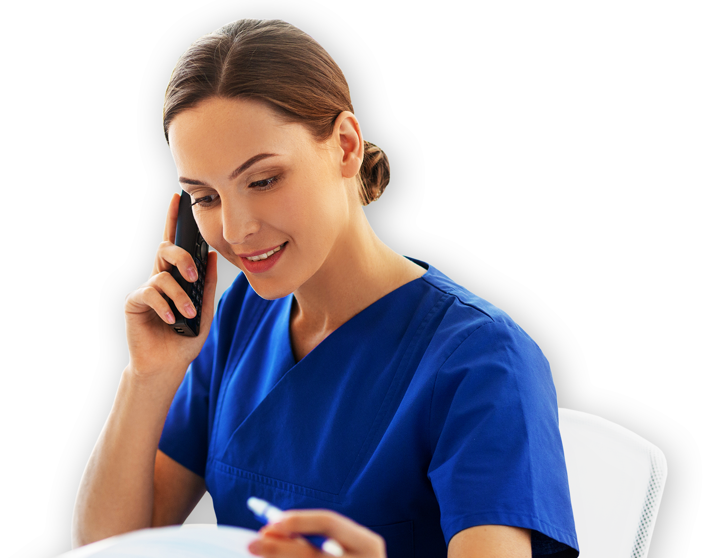 A woman in a blue scrub is talking on a cell phone