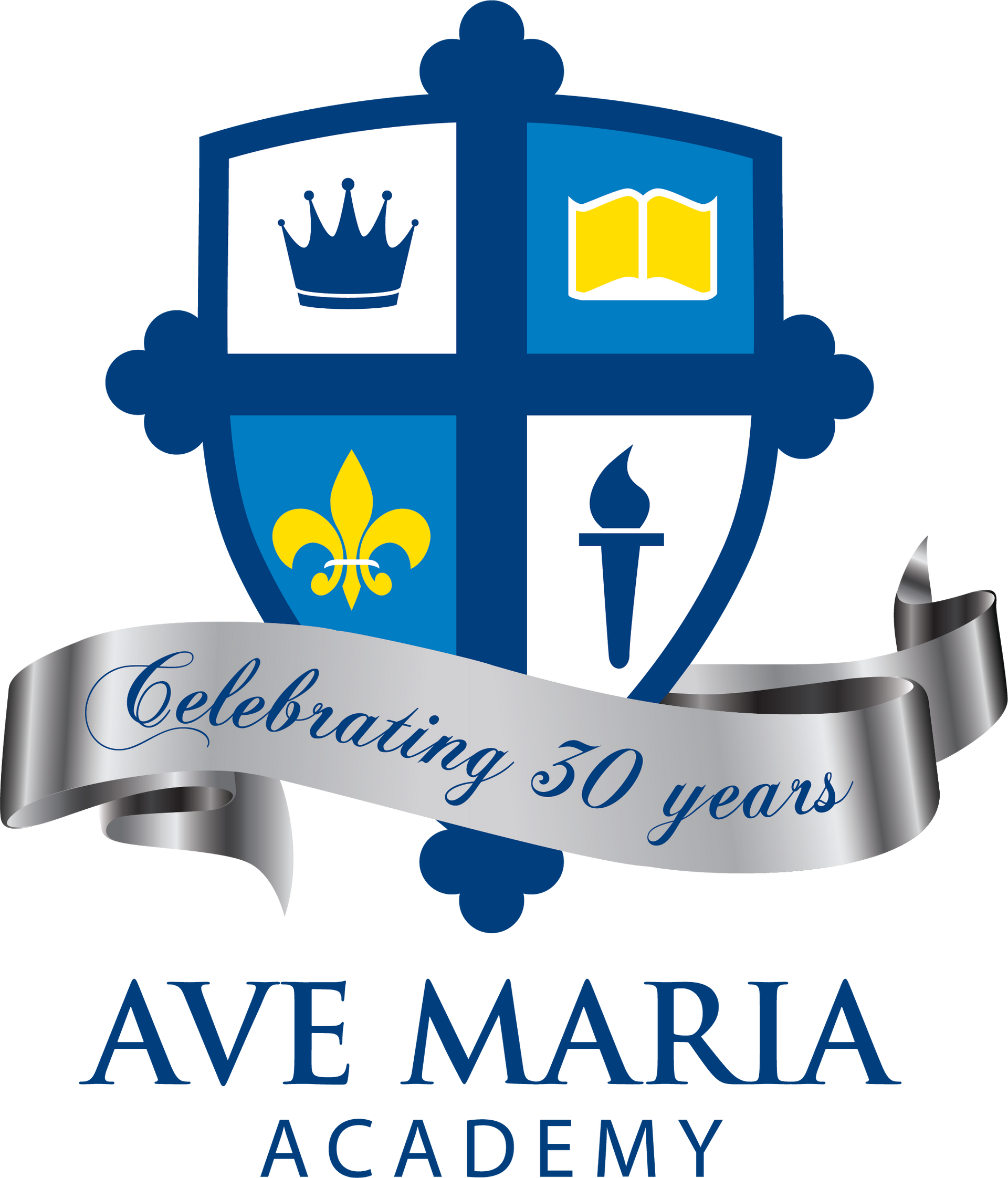 The blue and white shield logo for Ave Maria Academy, featuring a crown, book, fleur-de-lis, and torch.