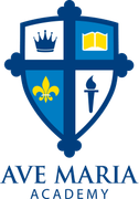 The blue and white shield logo for Ave Maria Academy, featuring a crown, book, fleur-de-lis, and torch.