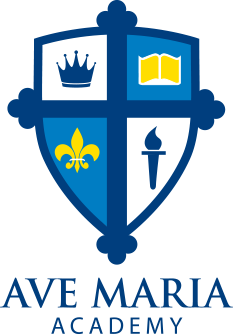 The blue and white shield logo for Ave Maria Academy, featuring a crown, book, fleur-de-lis, and torch.
