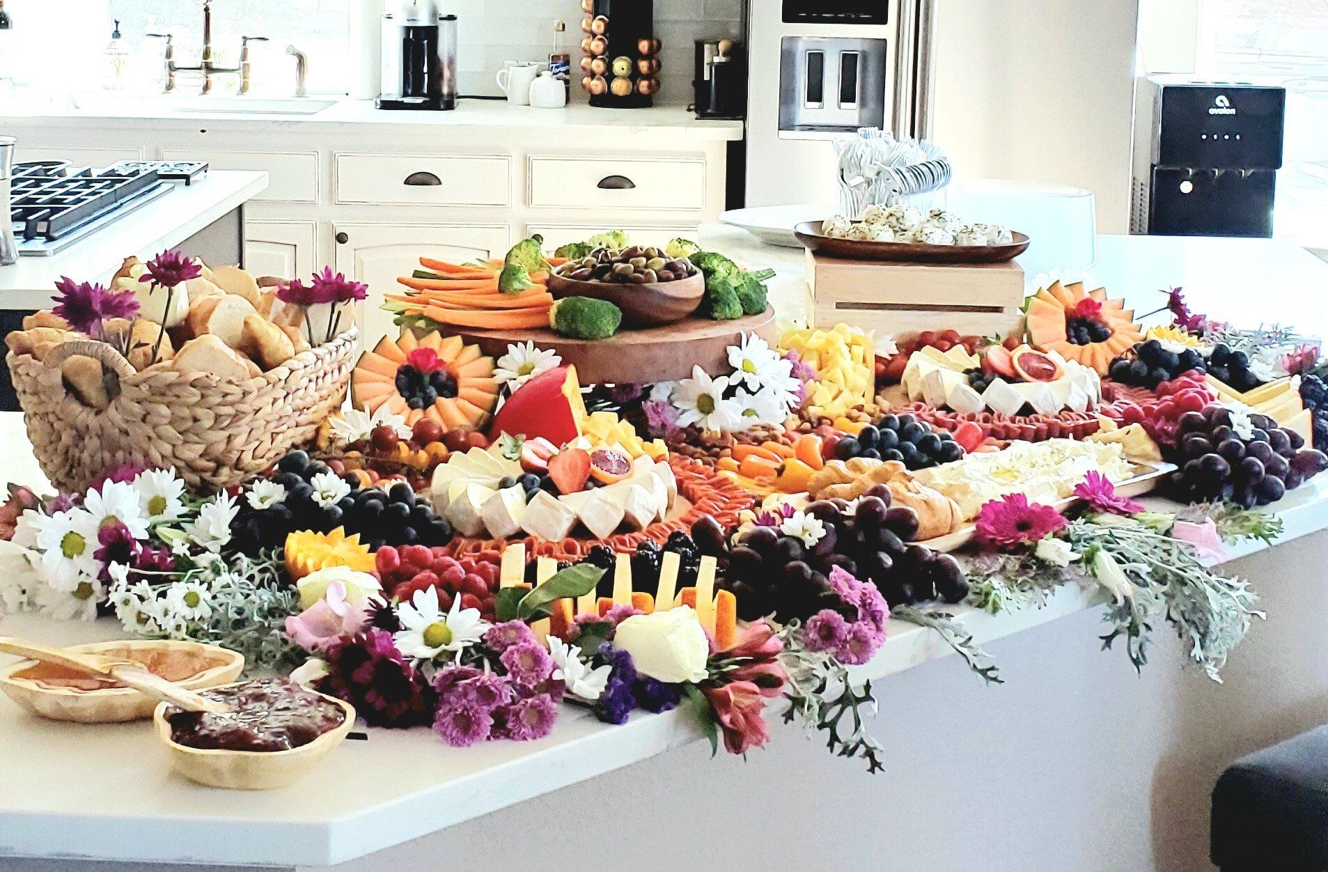 A large table topped with a variety of fruits and vegetables.