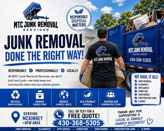 MTC Junk Removal ad with blue truck, worker, and bold text “Junk Removal Done the Right Way”
