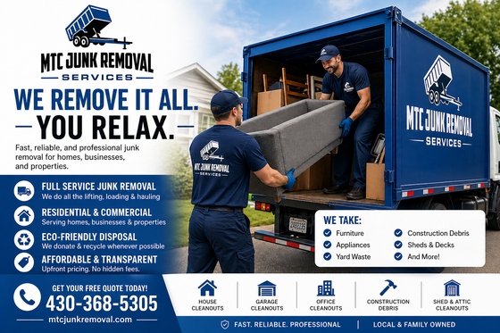 Blue junk removal truck with workers loading furniture and “We remove it all” service text