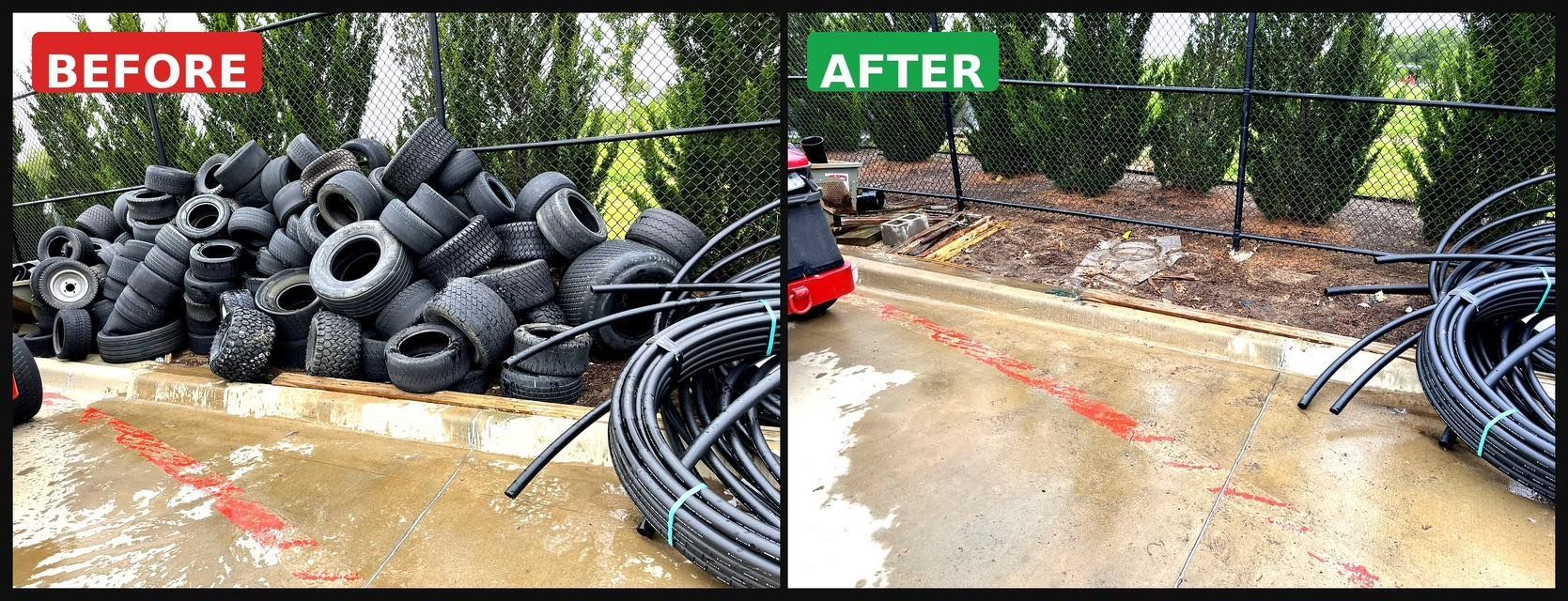 Before-and-after of tire pile cleanup beside a wet roadside area, with cables and debris removed.